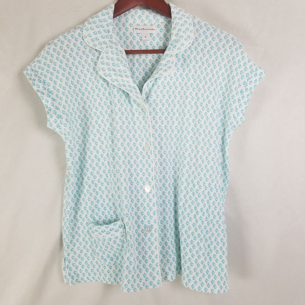 Miss Elaine Sleepwear‎ Shirt Womens Medium White Blue Top Short Sleeve Button Up
